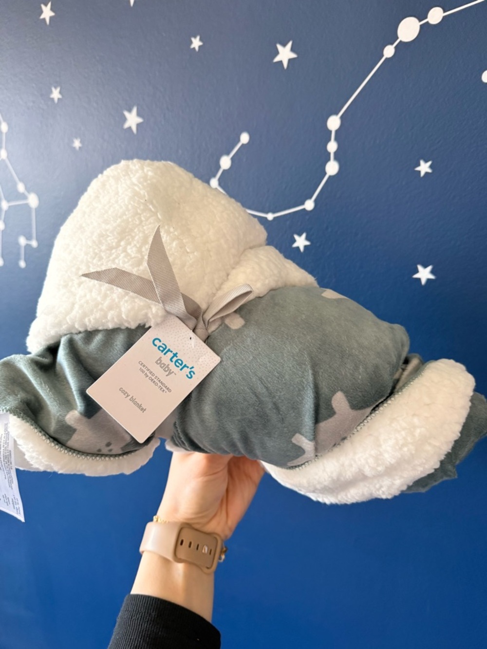 NWT Carter's Baby Plush Sherpa Blanket - Sage Green Stars